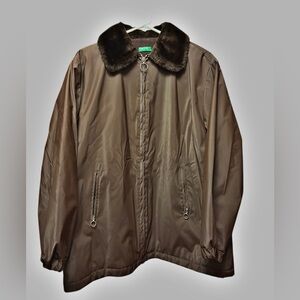 Benetton Brown Zipped Jacket with Faux Fur Collar Women XS